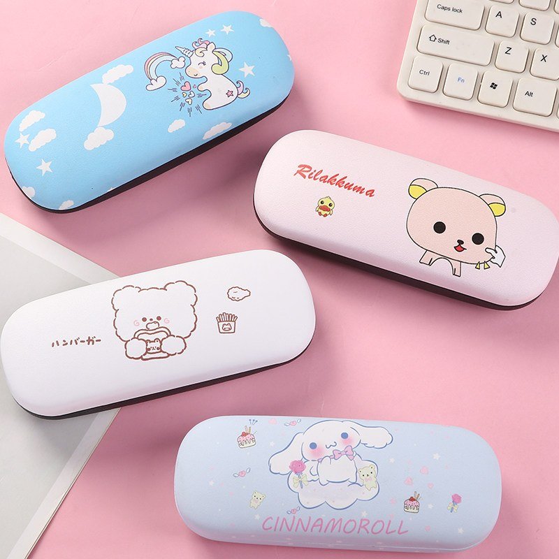 Cartoon Print PU-Covered Metal Hard Shell Eyeglass Case