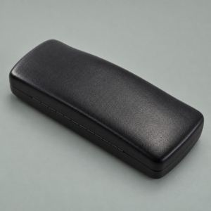 Black covered metal case from the hard eyeglass cases bulk range, showing its textured lid, rounded corners and long hinge.