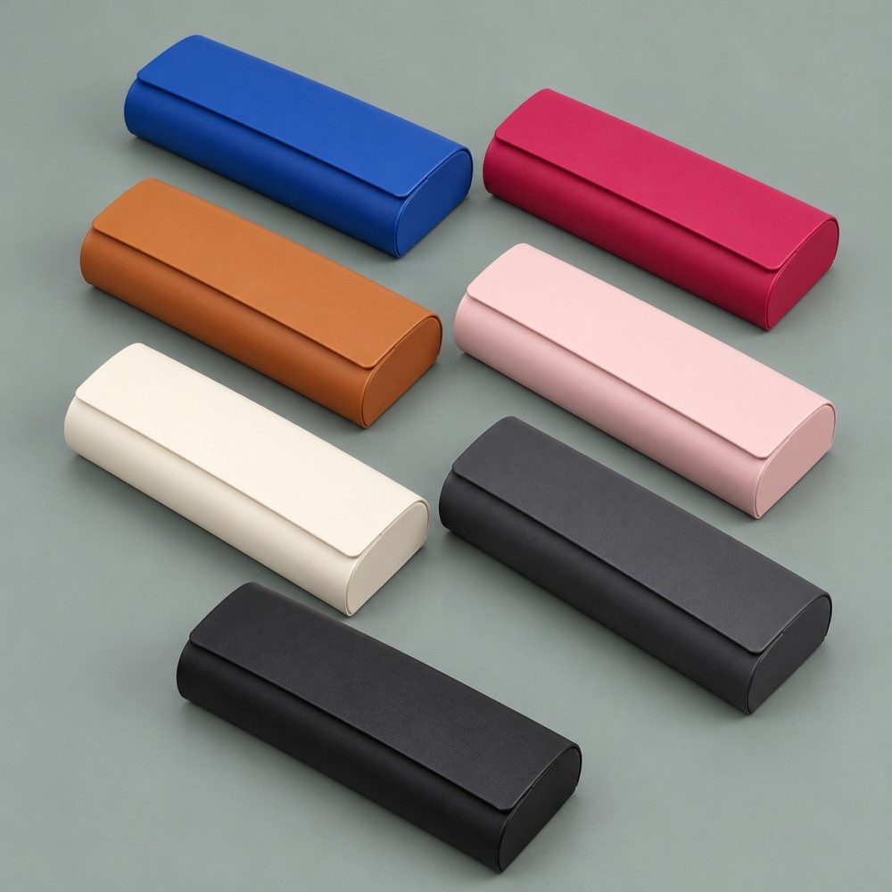 Seven magnetic eyeglass cases in royal blue, rose red, caramel, pale pink, ivory, charcoal gray and black.