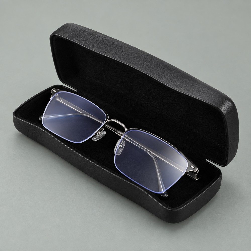 Open black hard eyeglass case holding folded metal-frame glasses, with black lining visible inside the lid and base.