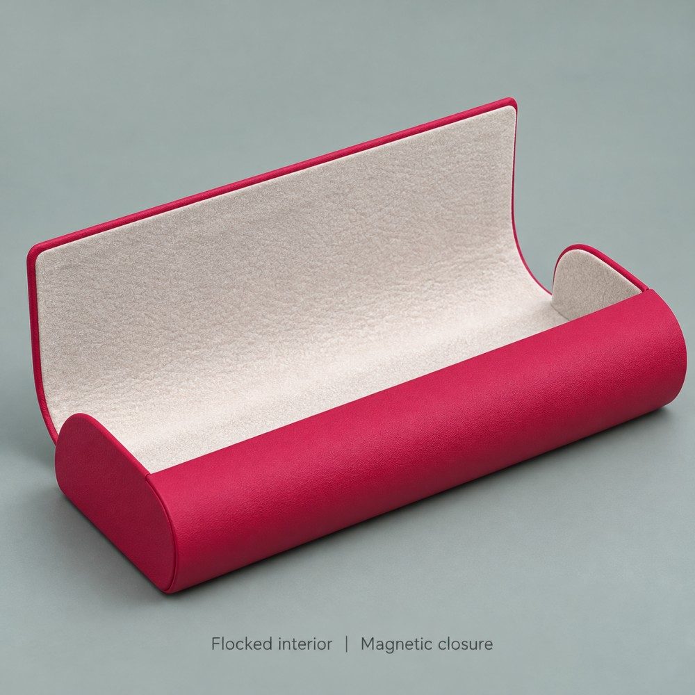 Open rose-red magnetic eyeglass case showing its ivory flocked interior and raised rectangular flap.