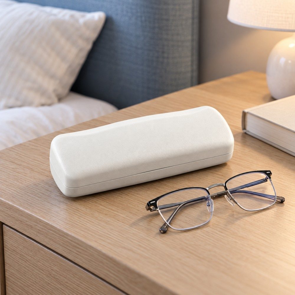 White hard eyeglass case beside folded reading glasses and a book on a wooden bedside table.