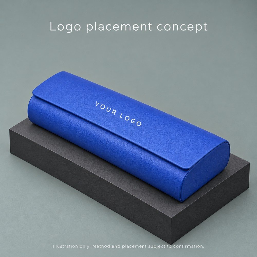 Royal blue magnetic eyeglass case with a white YOUR LOGO placeholder on the flap, illustrating proposed logo placement.