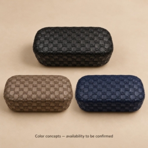 Black hard shell glasses case alongside taupe and navy color concepts, with availability subject to confirmation.