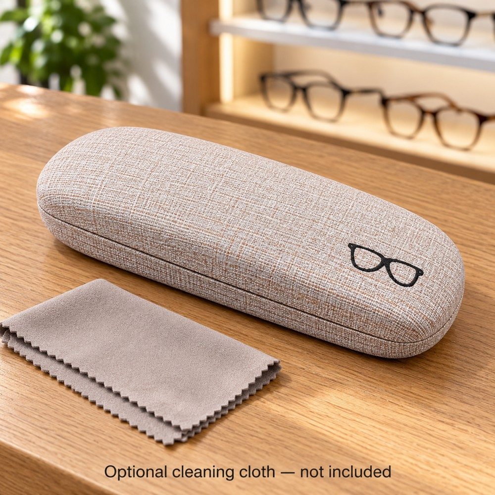 Open lavender glasses case showing beige velvet lining inside both halves of the hinged design.