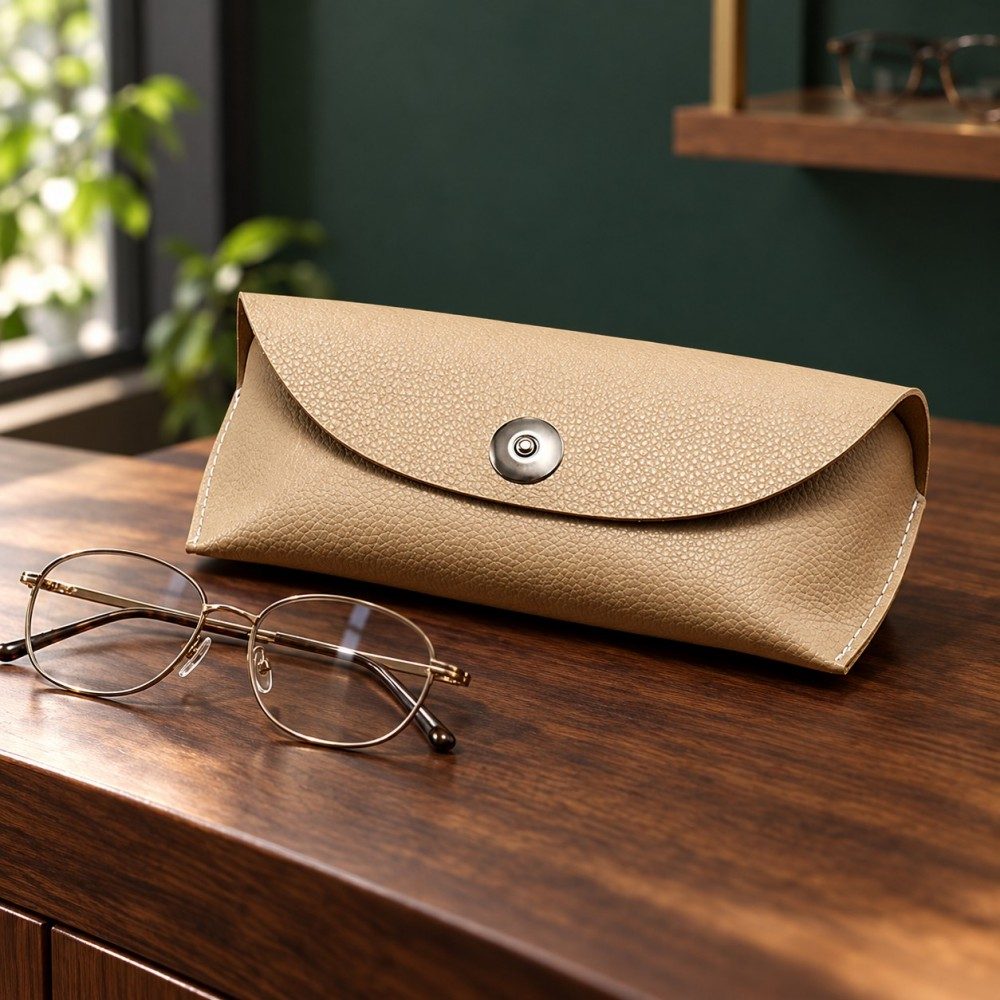 Beige soft glasses case beside metal optical frames on a wooden retail counter