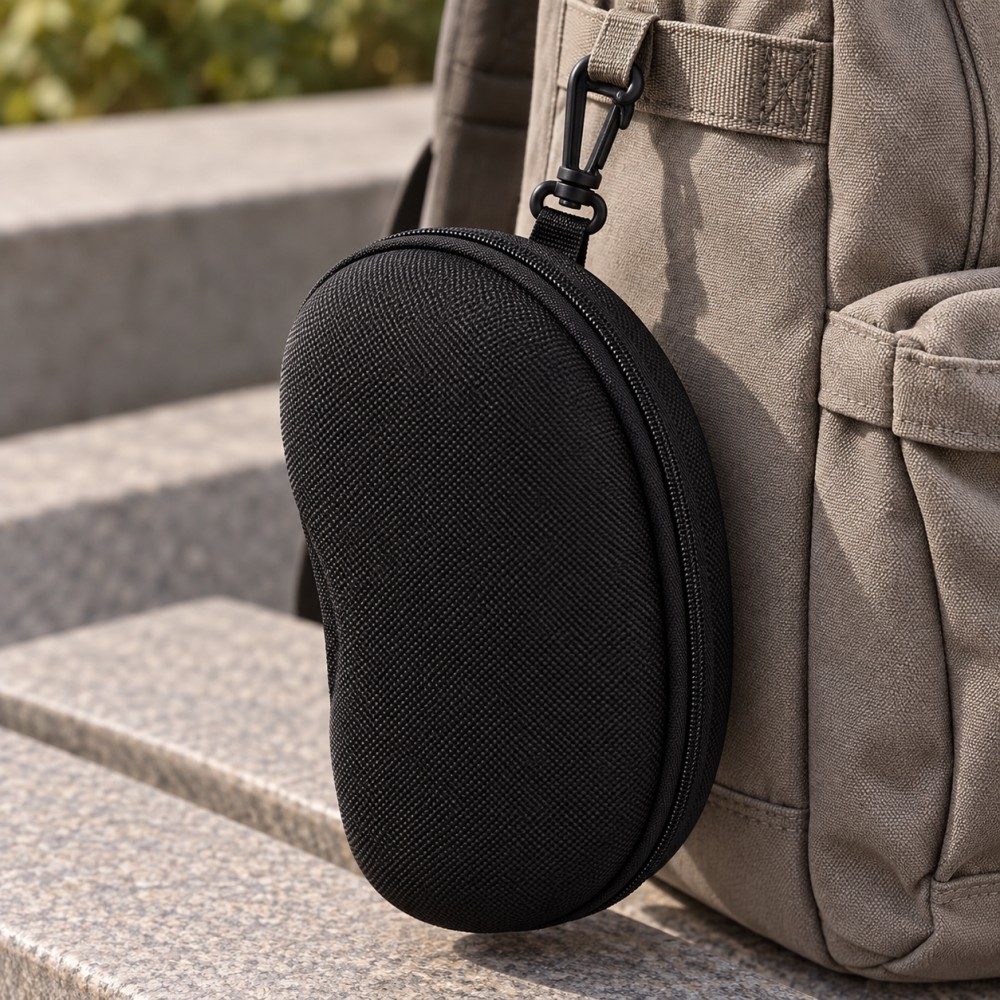 Closed black EVA sunglasses case attached to a taupe backpack loop by its side swivel clip.