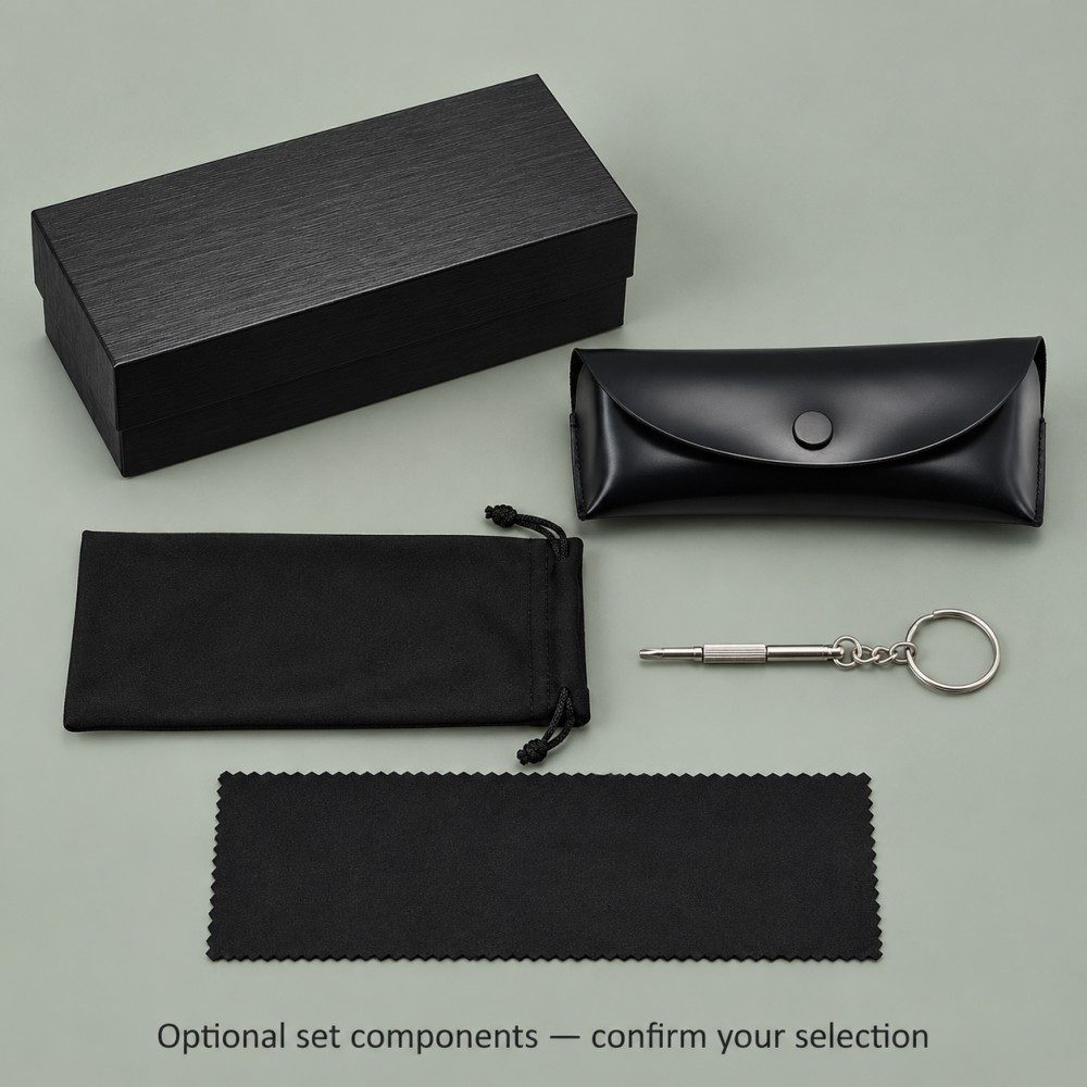 Black, navy and taupe soft eyeglass cases shown as custom color concepts subject to confirmation.