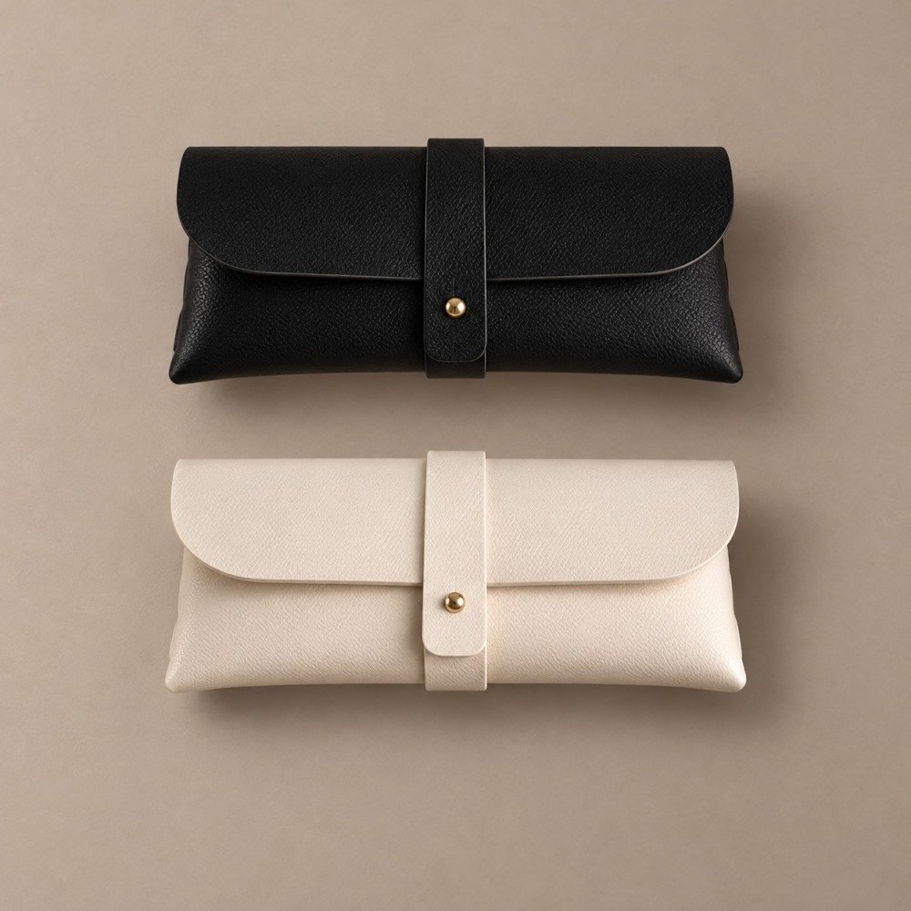 Black and ivory glasses pouches with matching wrap straps and rounded flaps