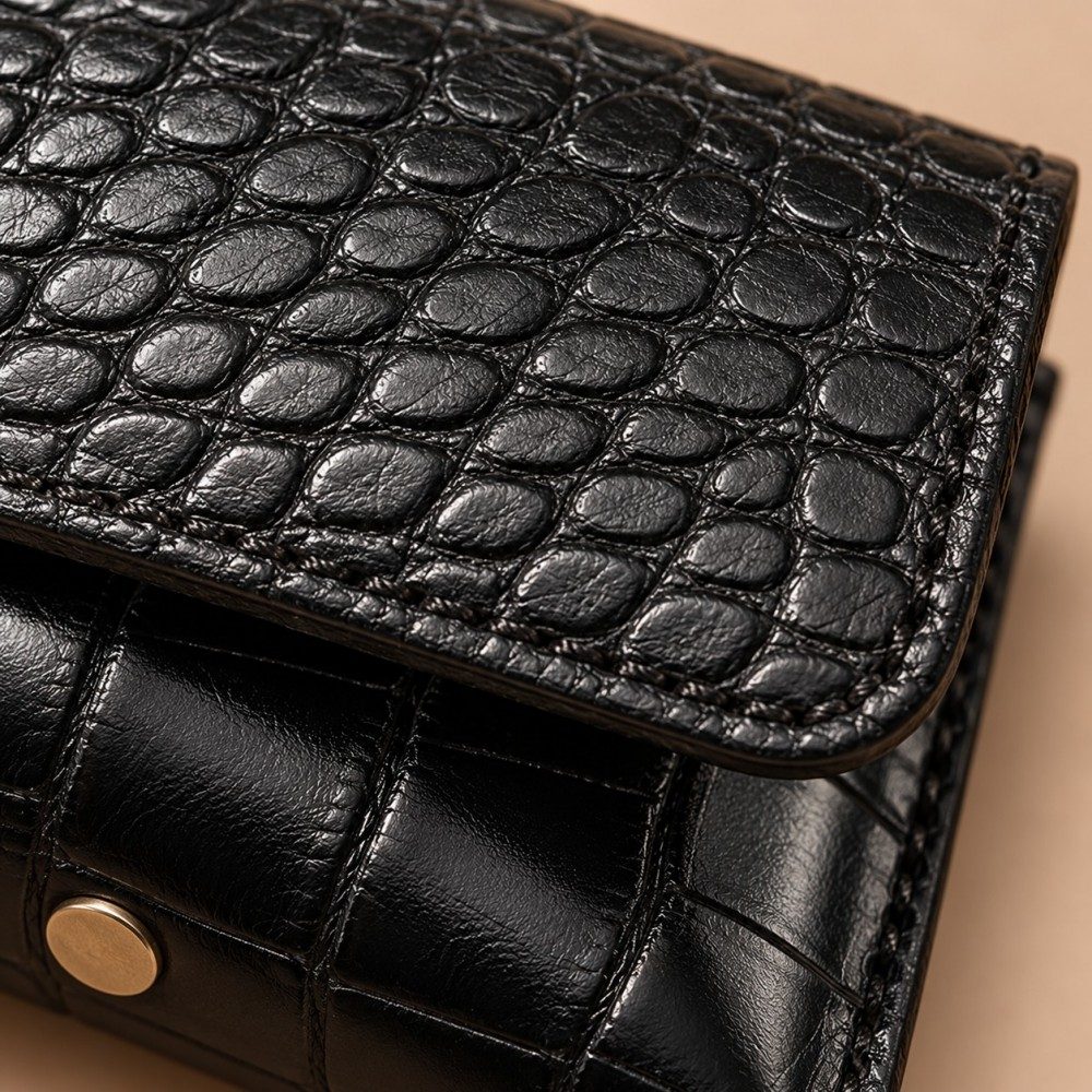 Close-up of crocodile-effect texture, black edge stitching and a gold-tone detail