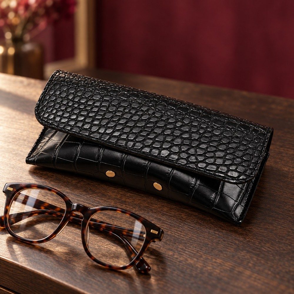 Black crocodile-effect glasses case beside tortoiseshell optical frames on a wooden counter