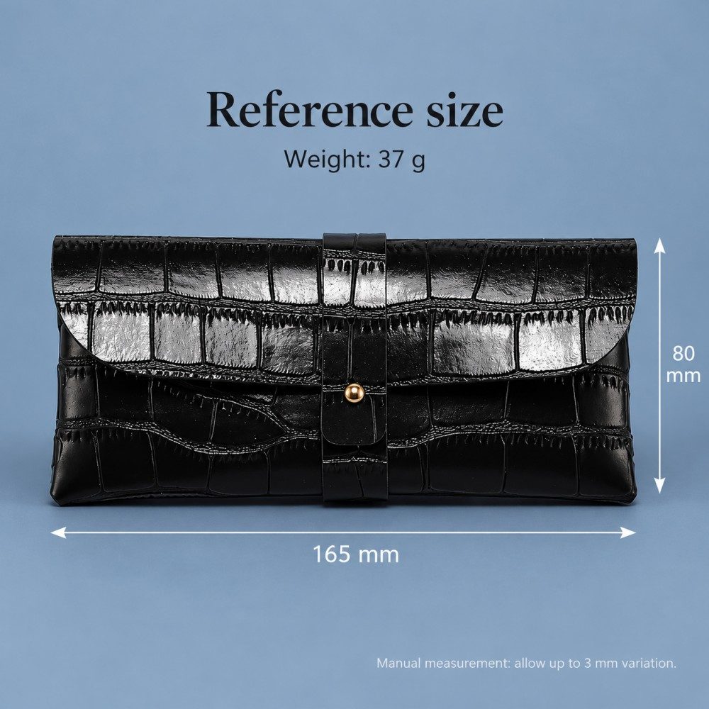 Black croc-embossed sunglasses case with reference measurements of 165 by 80 mm and a listed weight of 37 g.