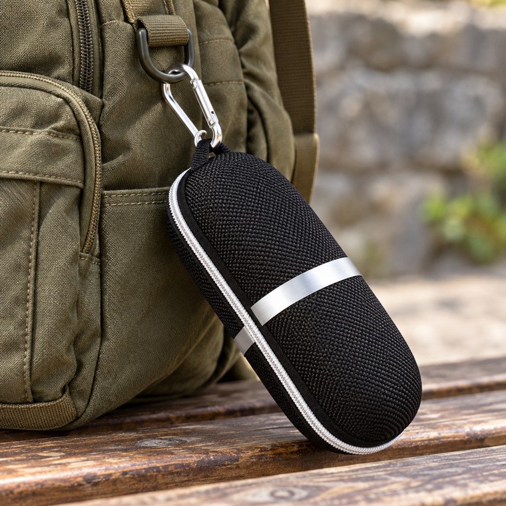 Black EVA glasses case attached to a canvas backpack D-ring using its metal carabiner