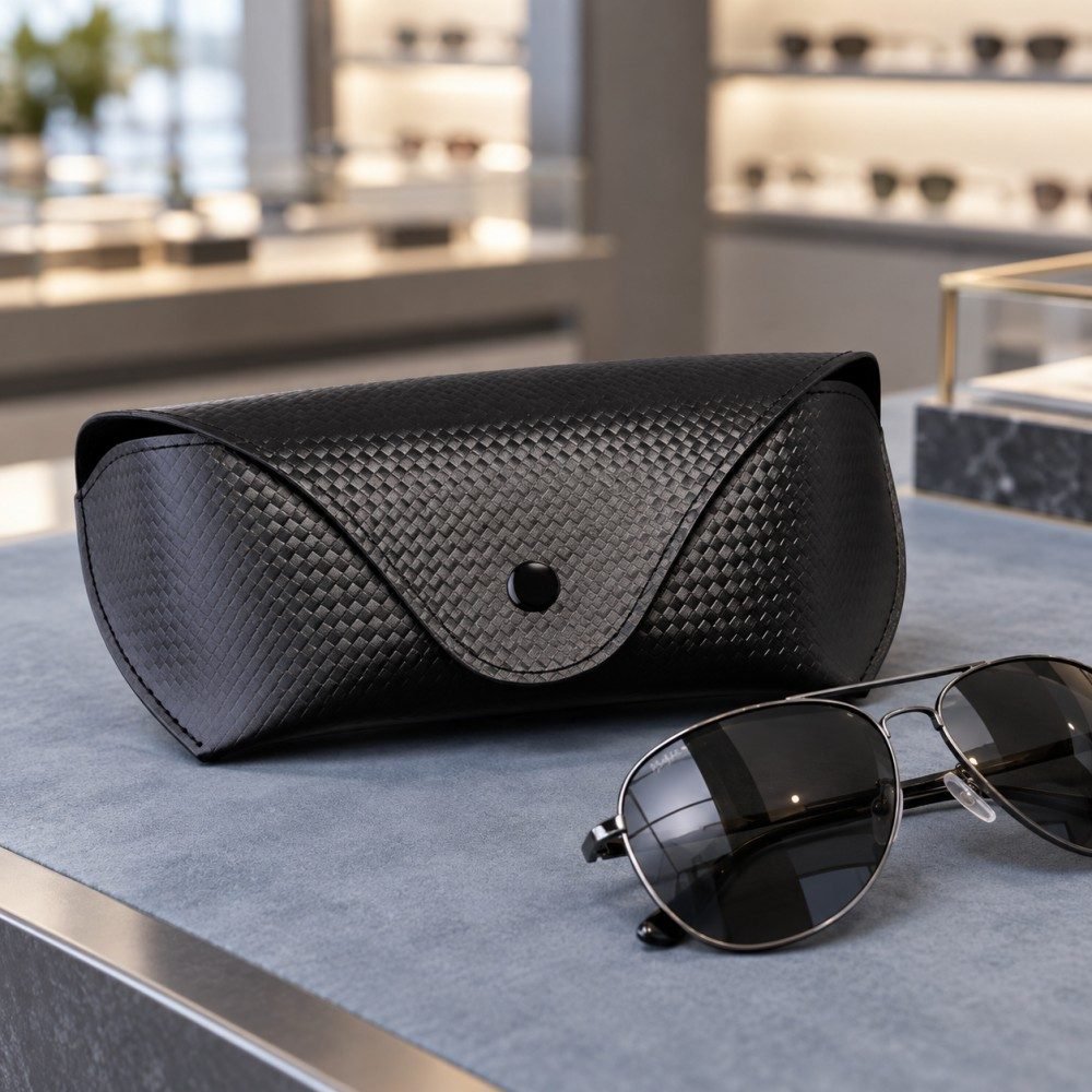 Black textured snap-closure pouch from an eyewear pouch manufacturer