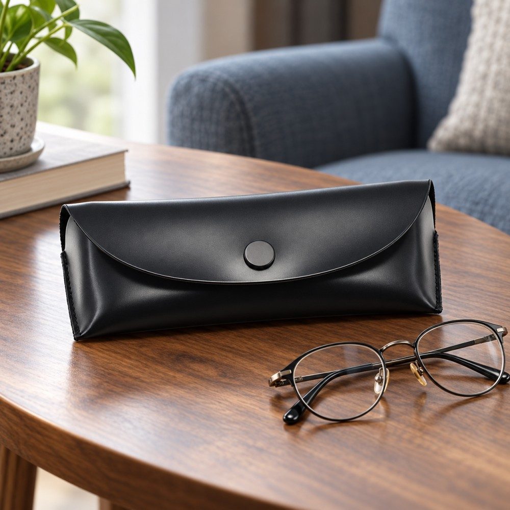 Black curved-flap eyeglass case beside folded metal-frame glasses on a wooden table in a reading area.