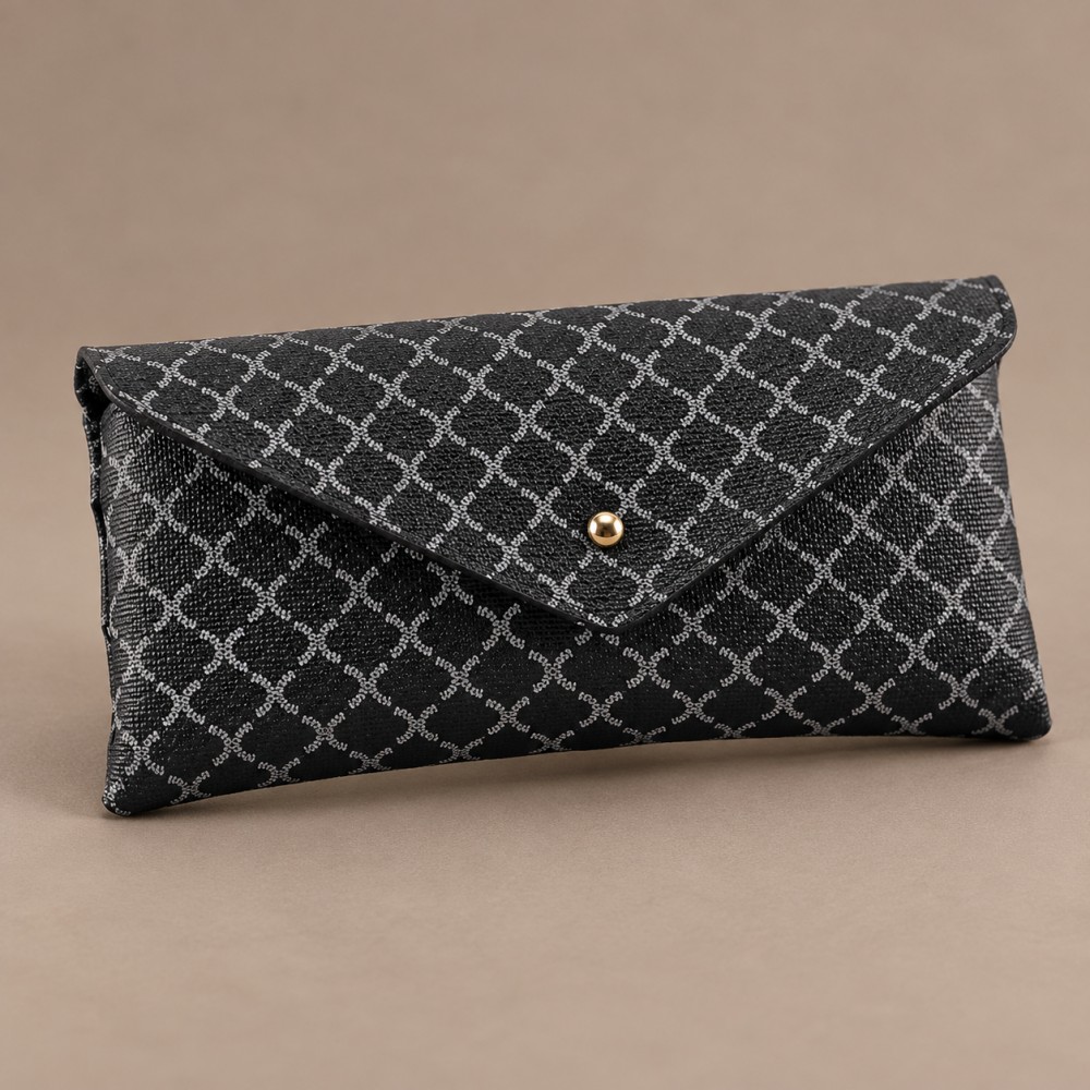 YX1106 soft eyeglass case with a grey-white diamond lattice pattern, triangular flap and gold-tone snap on a taupe background.