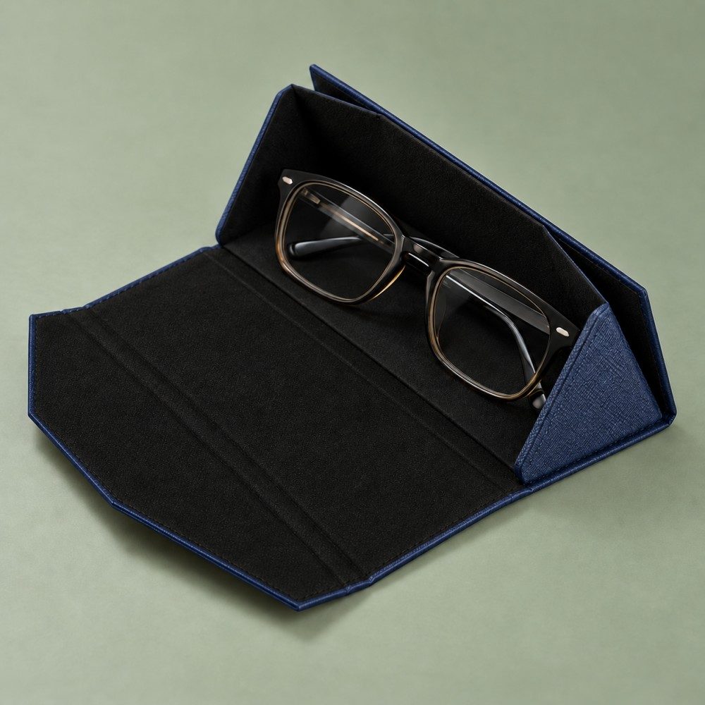 Open navy folding glasses case showing black interior lining, triangular side panels and optical glasses