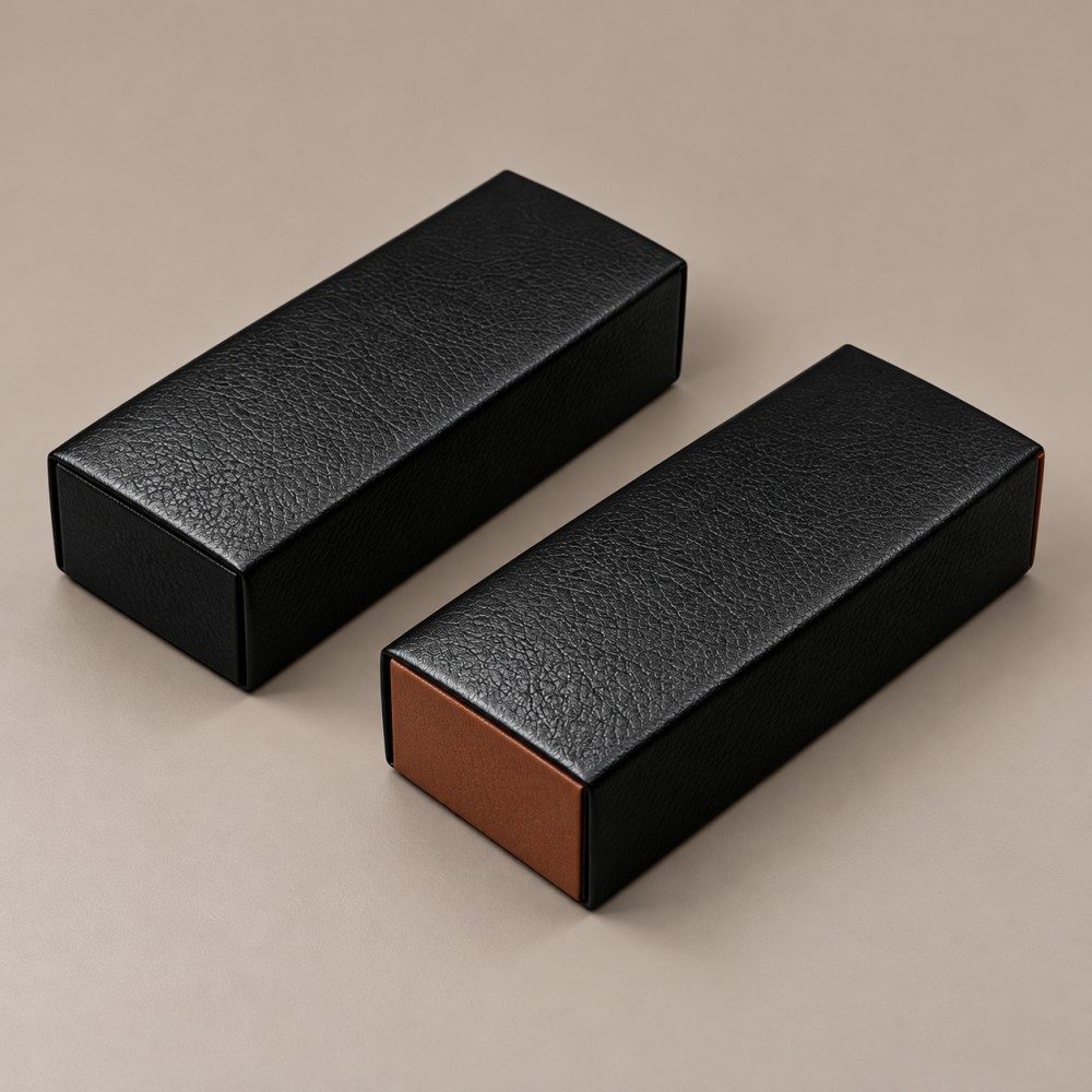 Two folding sunglasses cases showing all-black and black-with-brown-end-panel colorways on a taupe background.