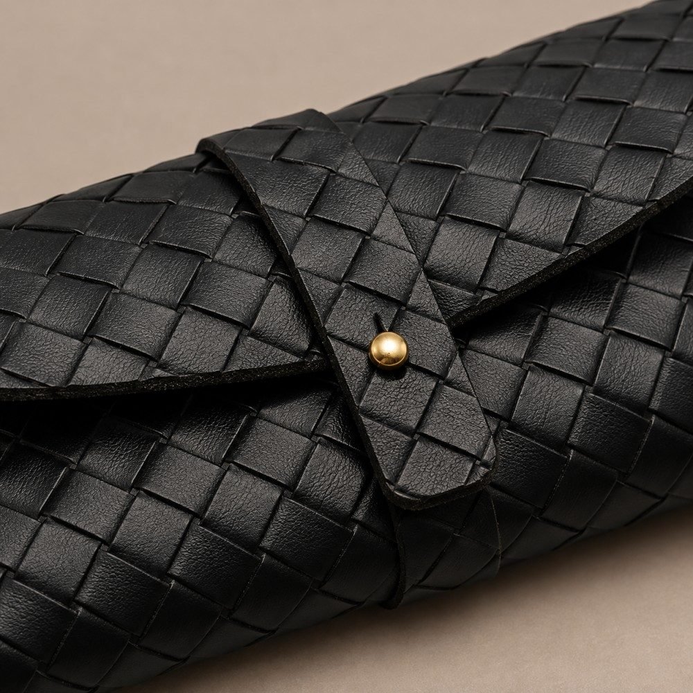 Woven glasses pouches in black, gray, red and ivory with contrasting straps