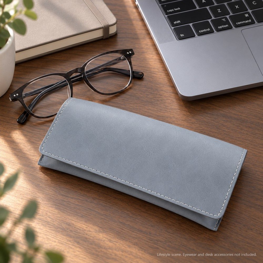 Blue-gray soft eyeglass case beside folded optical glasses, a laptop and a notebook on a wooden office desk.