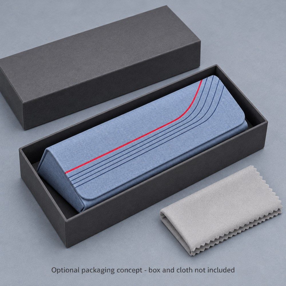 Blue magnetic glasses case in an optional charcoal gift box beside a folded grey cleaning cloth.