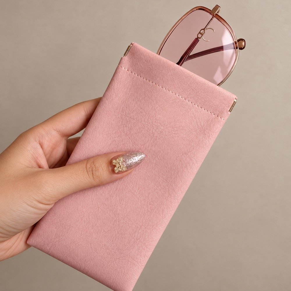 Pink squeeze top glasses pouch holding a partially inserted pair of folded glasses