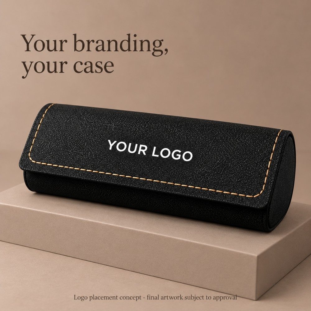 Black stitched glasses case displaying a white YOUR LOGO placeholder as a custom branding placement concept.