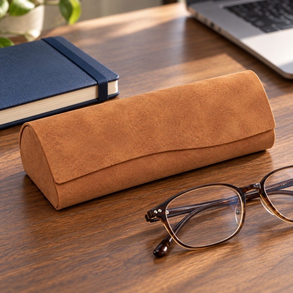 Brown textured glasses case on a wooden office desk beside reading glasses and a navy notebook.