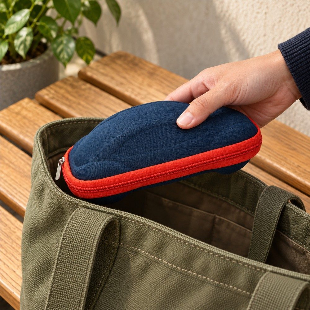 Open EVA glasses case with black fabric lining and a pink zipper, shown beside eyeglasses
