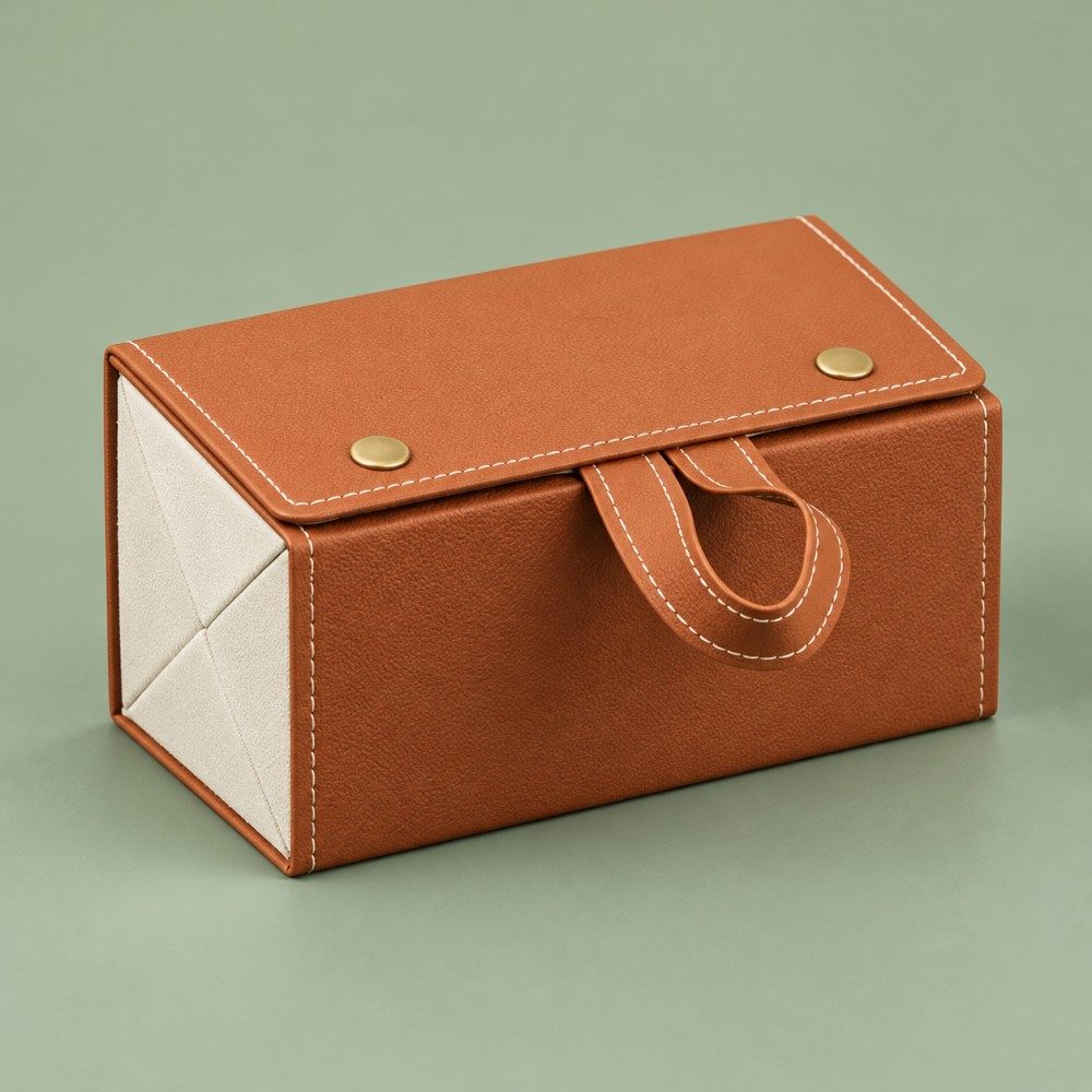 Brown four-slot foldable sunglasses case with double snaps and a matching carry loop