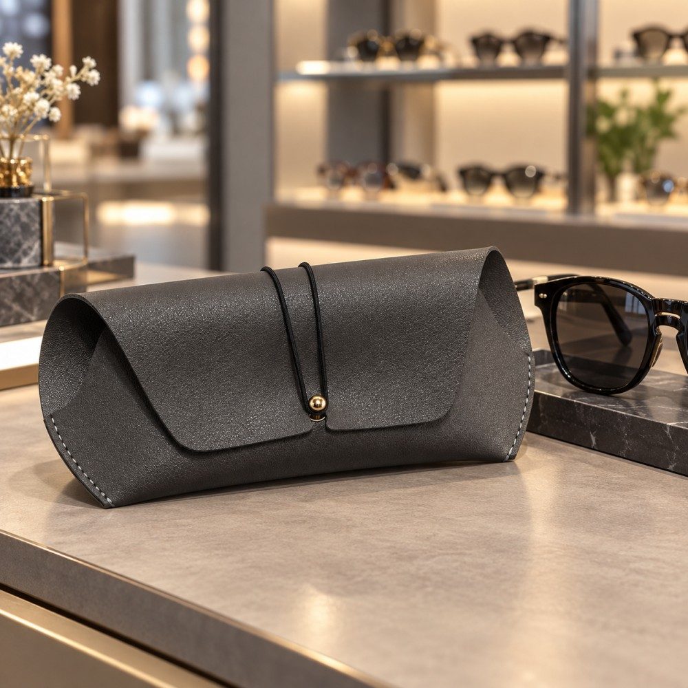 Gray soft sunglasses case displayed beside dark sunglasses on an optical store counter.