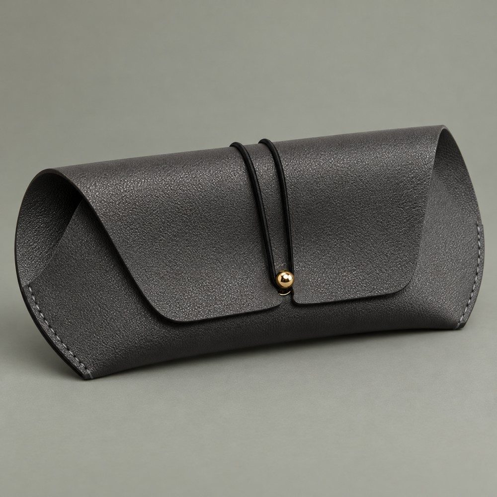 Gray cord-and-stud case from the soft sunglasses cases wholesale range on a muted sage background.