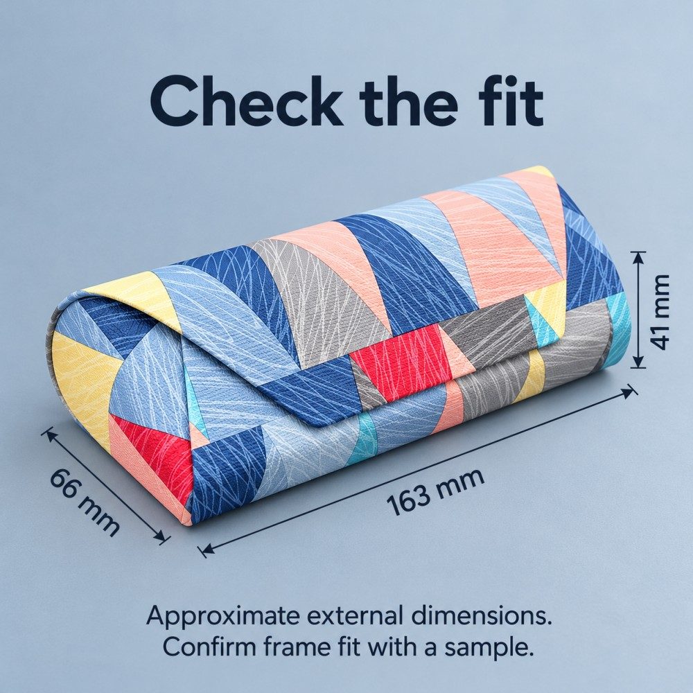 Blue geometric magnetic glasses case with approximate external dimensions labeled 163 mm long, 66 mm deep and 41 mm high.
