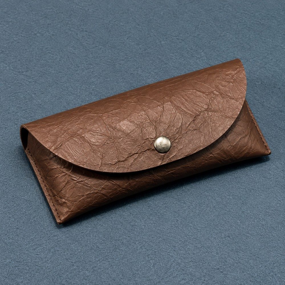 Brown textured PVC soft glasses cases wholesale with a rounded flap and metal snap
