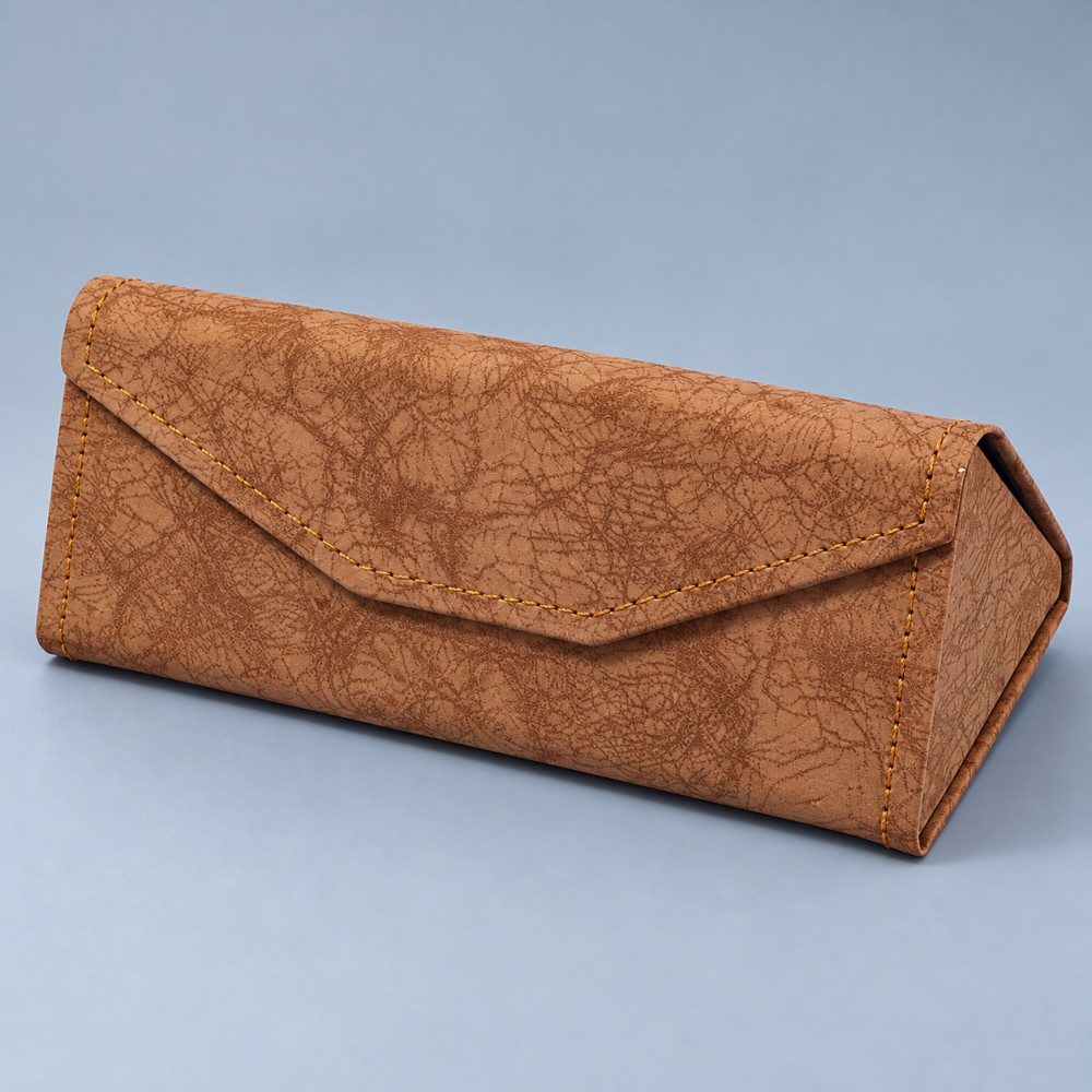 Coffee brown PU leather folding glasses case with distressed-look texture, ochre stitching and an envelope-style flap.