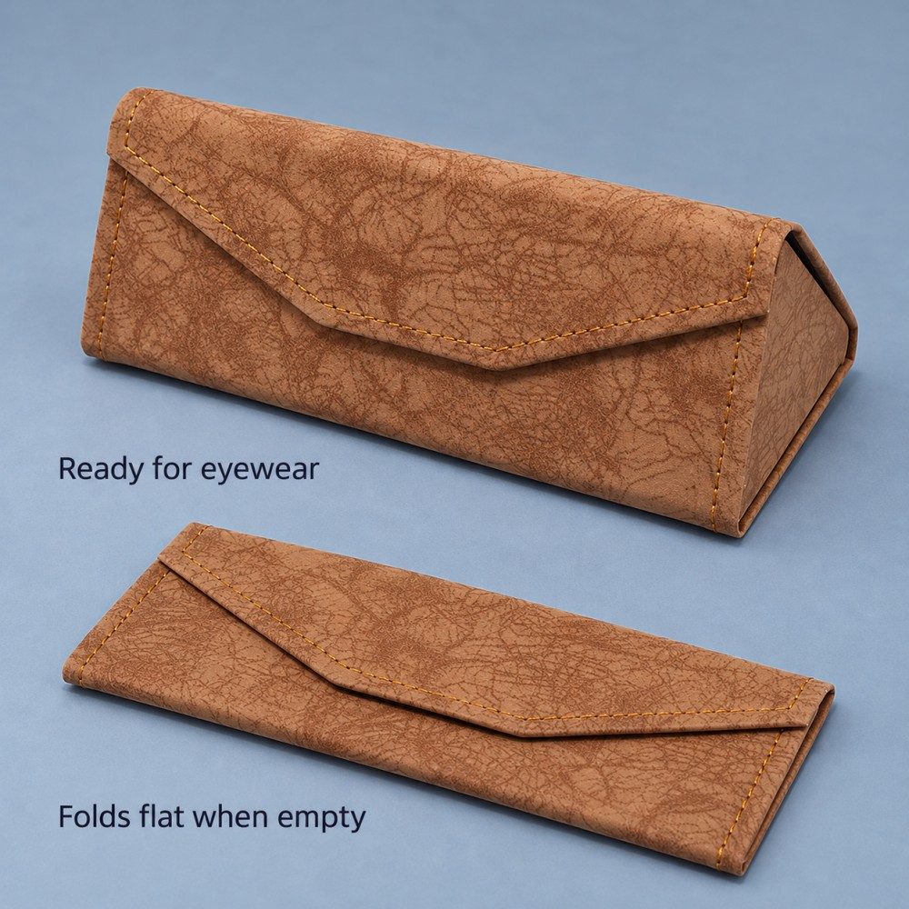 Coffee brown PU leather glasses case shown erected for eyewear storage and folded flat when empty.
