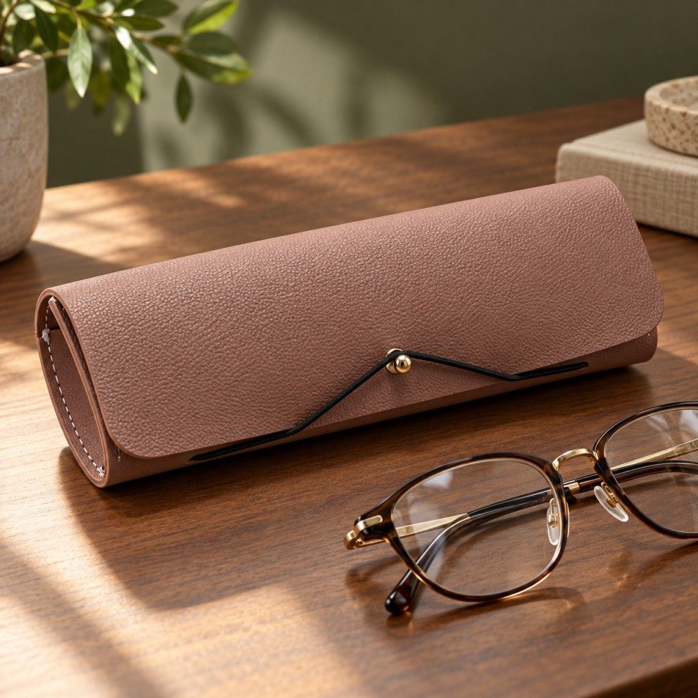 Close-up of the elastic cord and gold-tone stud closure on a pink glasses case