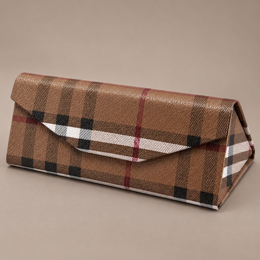 Coffee-brown plaid custom folding glasses case with a closed envelope flap and triangular side panel.