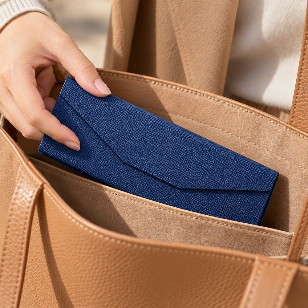 Empty navy glasses case folded flat and slipped into a tote bag pocket