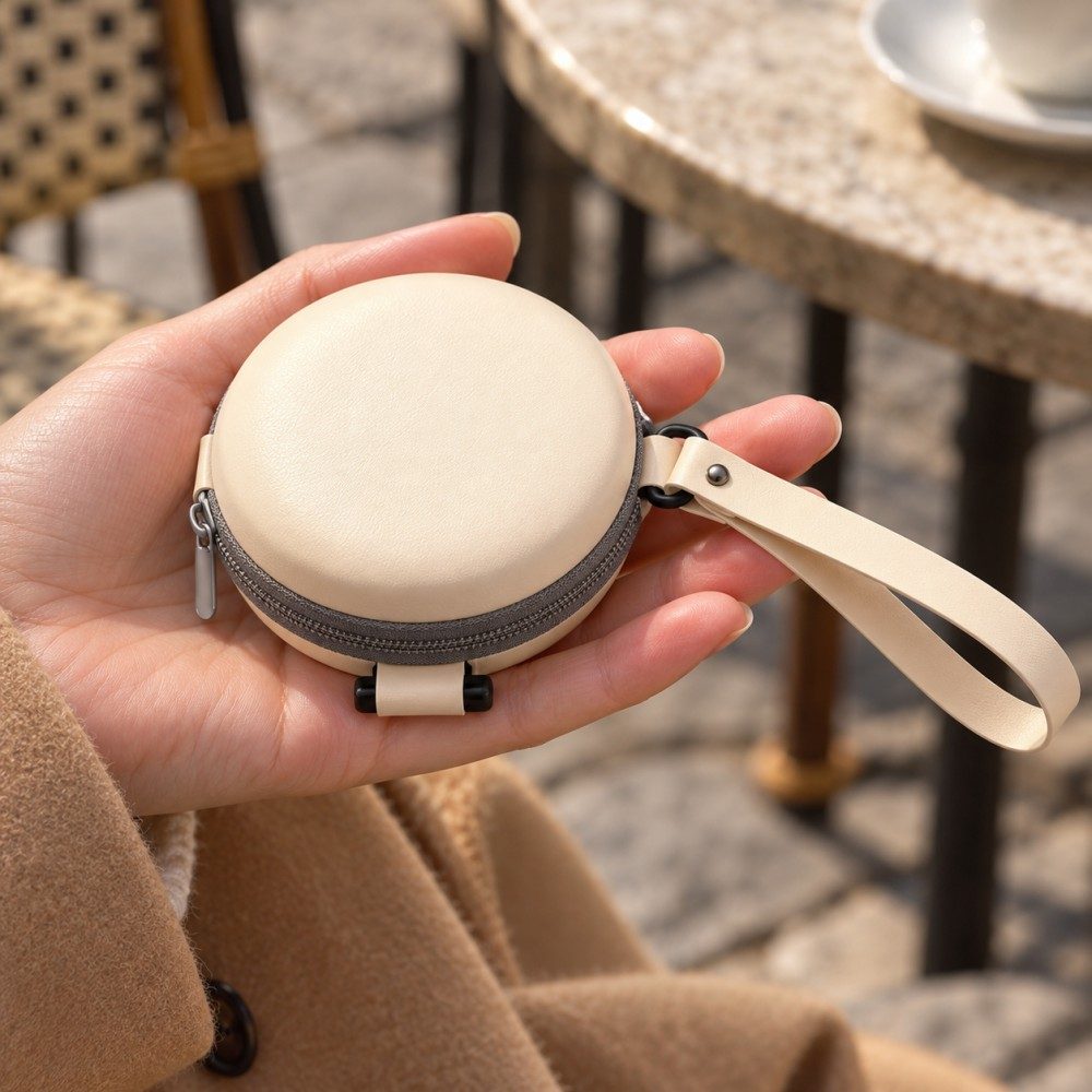 Ivory round sunglasses case held in one hand to demonstrate its compact form and wrist strap