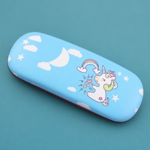 Blue hard eyeglass case with a unicorn, rainbow, moon and star print on a muted teal background.