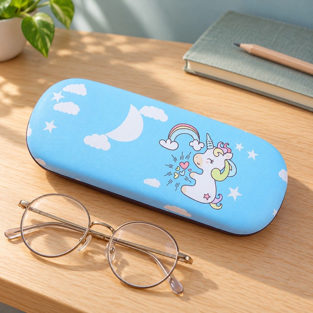 Blue unicorn eyeglass case beside an optional kraft paper box and gray cleaning cloth, shown as a packaging concept.