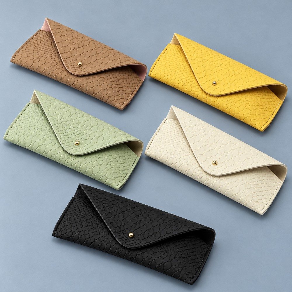 Five embossed envelope sunglasses cases in tan, yellow, light green, cream and black.