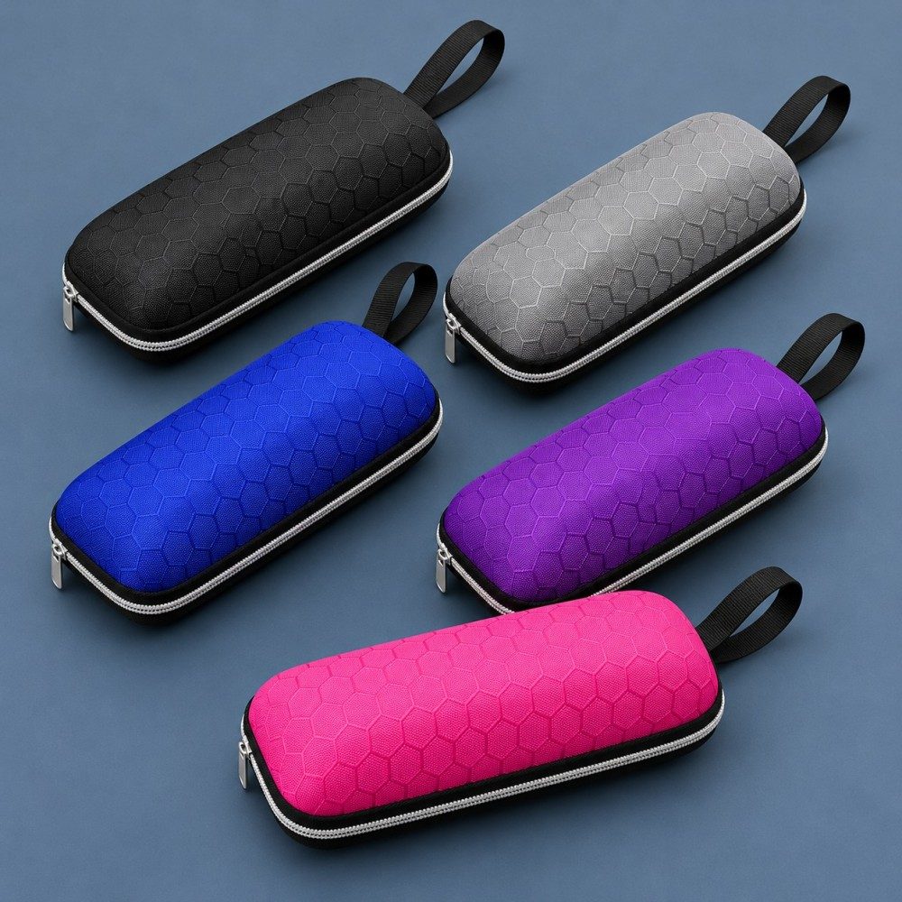 EVA sunglasses cases in black, gray, blue, purple and pink with woven wrist loops