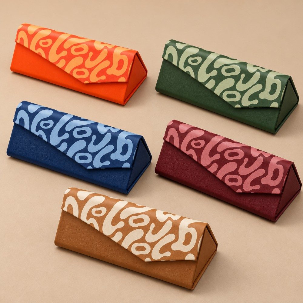 Custom handmade glasses case color concepts in orange, green, navy, burgundy and tan