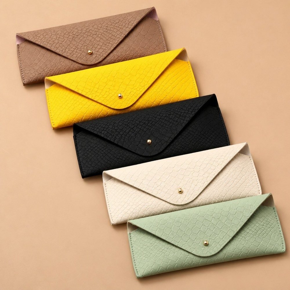 Envelope glasses pouches in brown, yellow, black, ivory and pale green