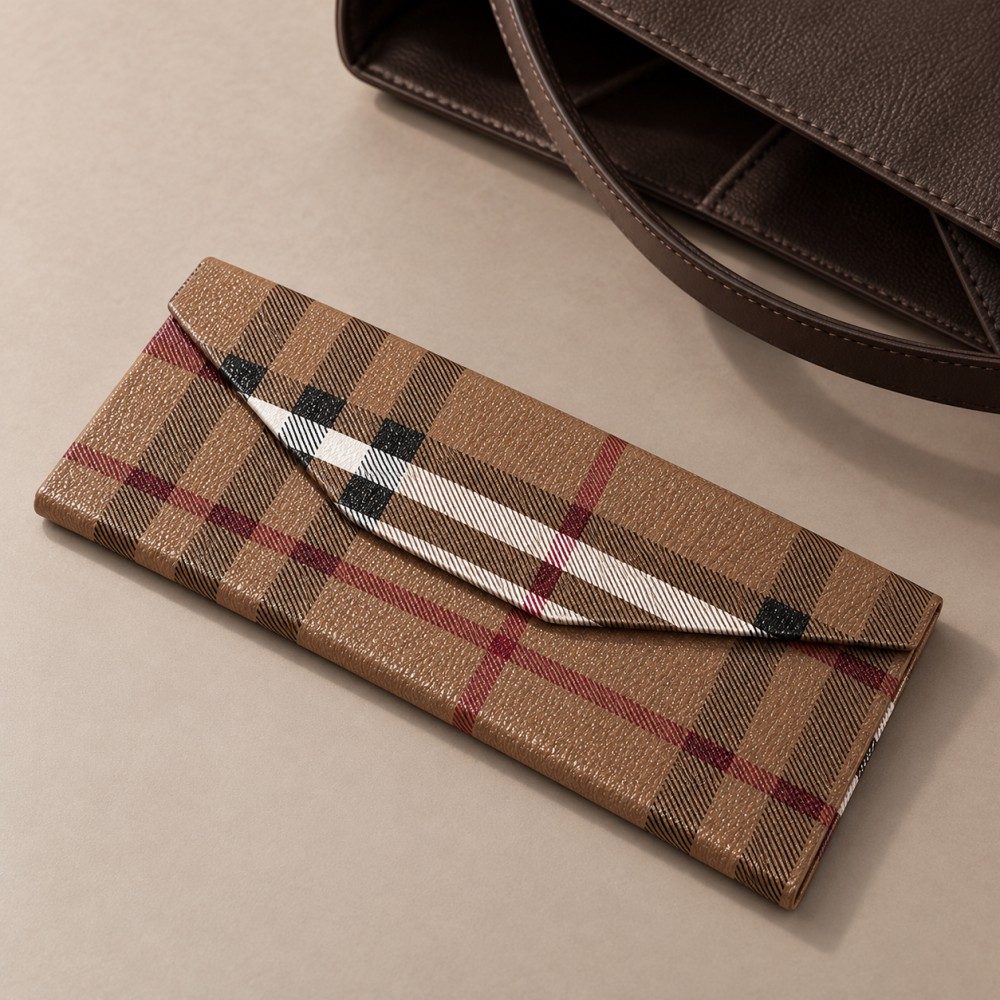 Empty coffee-brown plaid glasses case folded flat beside a dark brown bag to illustrate compact storage.