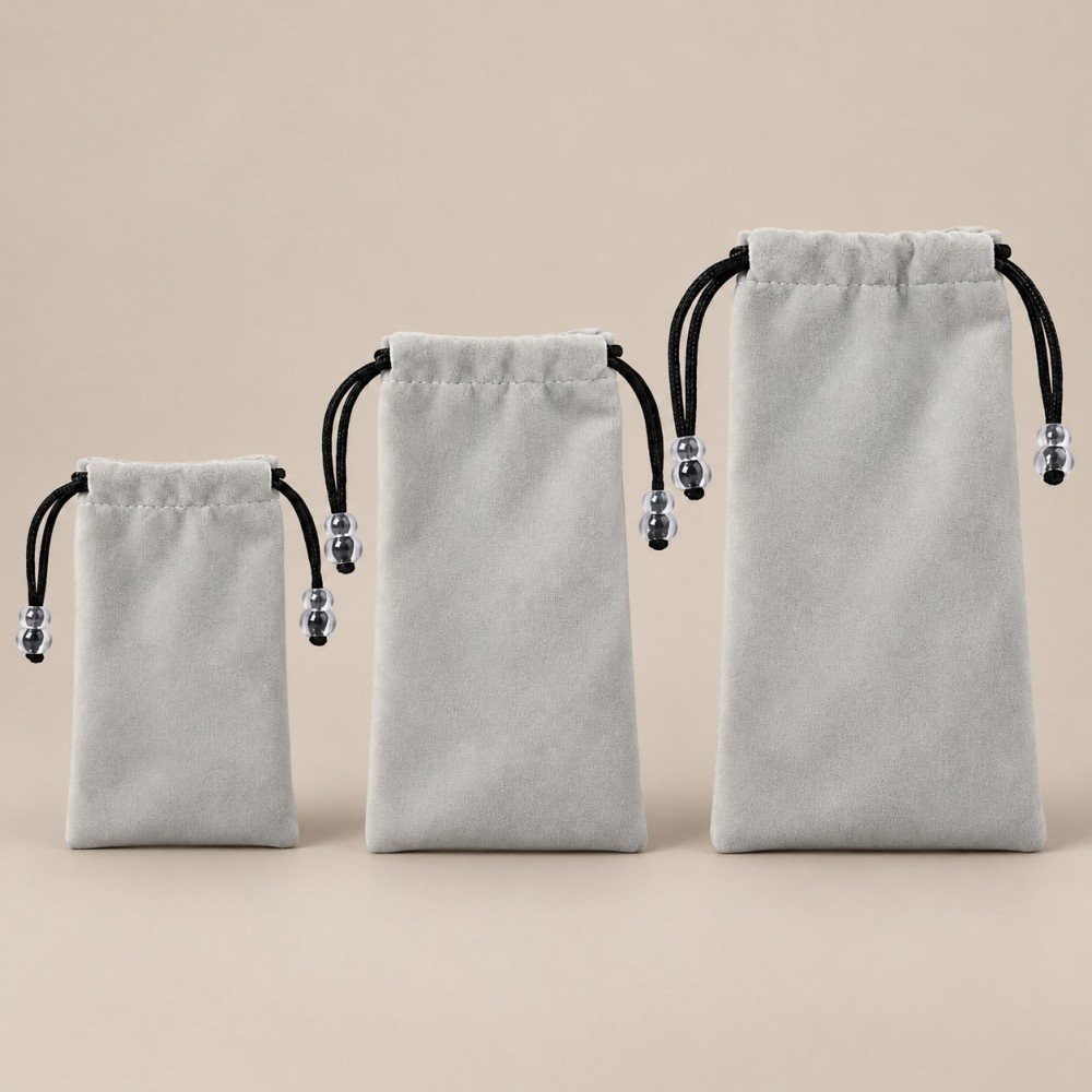 Custom velvet pouches shown in small, medium and large sizes