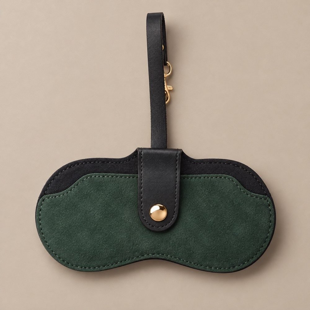 Custom sunglasses pouch in dark green with a black hanging strap and gold-tone button