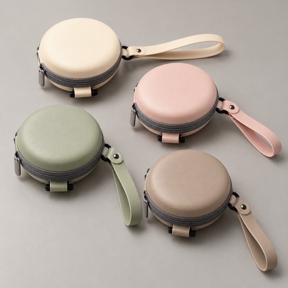 Ivory, blush pink, sage green and taupe color concepts for round EVA folding sunglasses cases